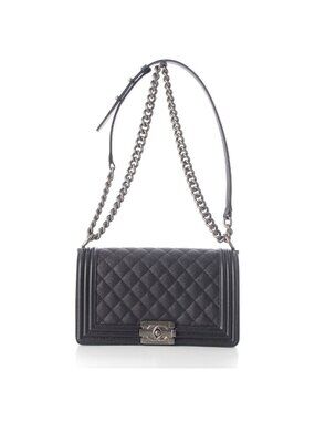 Chanel Boy Caviar Leather Chain Random Plate Shoulder Bag Black 25